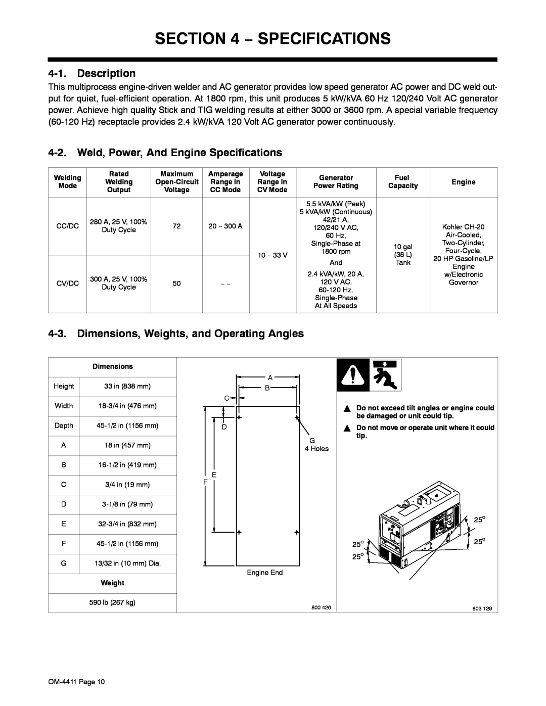 Miller Electric 301 G Description, Weld, Power, And Engine Specifications, Dimensions, Weights, and Operating Angles 
