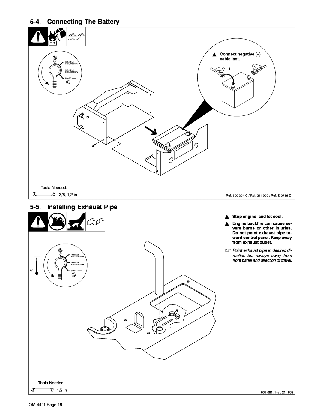 Miller Electric 301 G manual Connecting The Battery, Installing Exhaust Pipe, Y Connect negative − cable last 