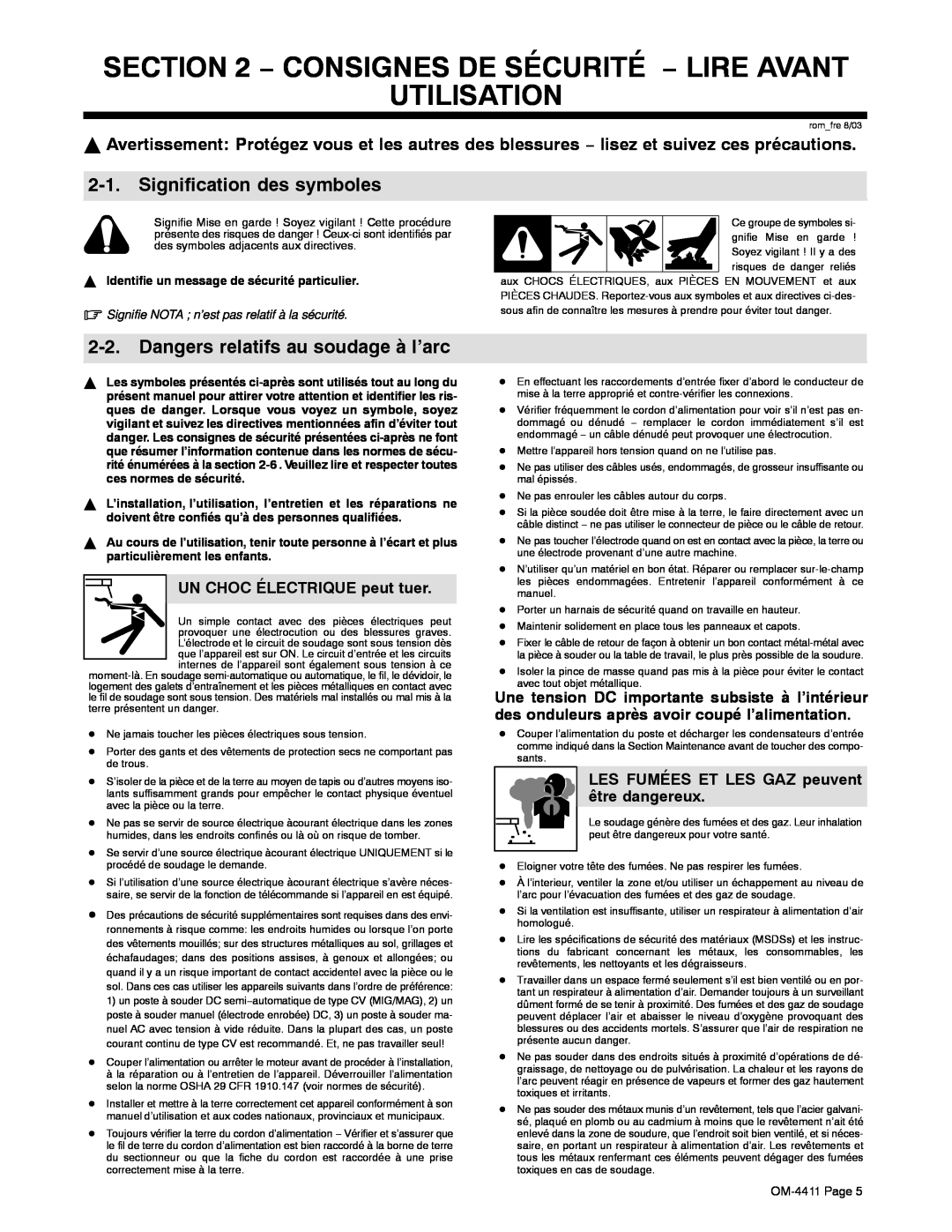 Miller Electric 301 G manual Consignes De Sécurité − Lire Avant Utilisation, Signification des symboles 