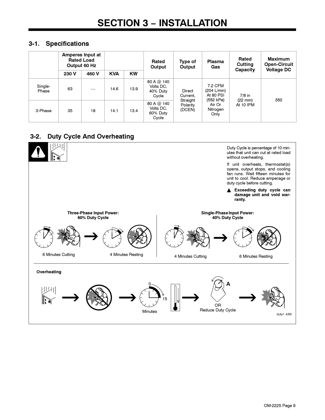 Miller Electric ICE-80CX, 3080 manual Installation, Specifications, Duty Cycle And Overheating 