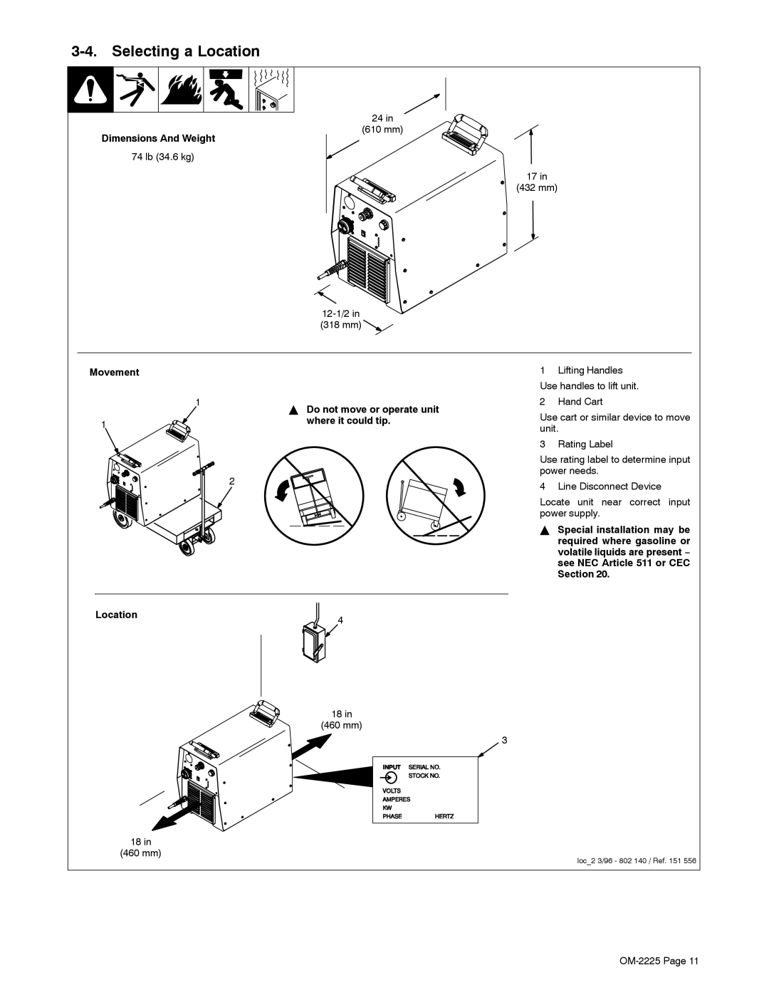 Miller Electric ICE-80CX, 3080 manual Selecting a Location, Dimensions And Weight, Movement 