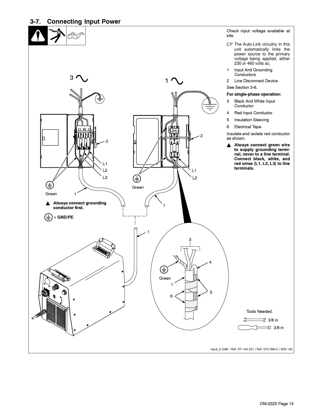 Miller Electric ICE-80CX Connecting Input Power, Always connect grounding Conductor first, For single-phase operation 