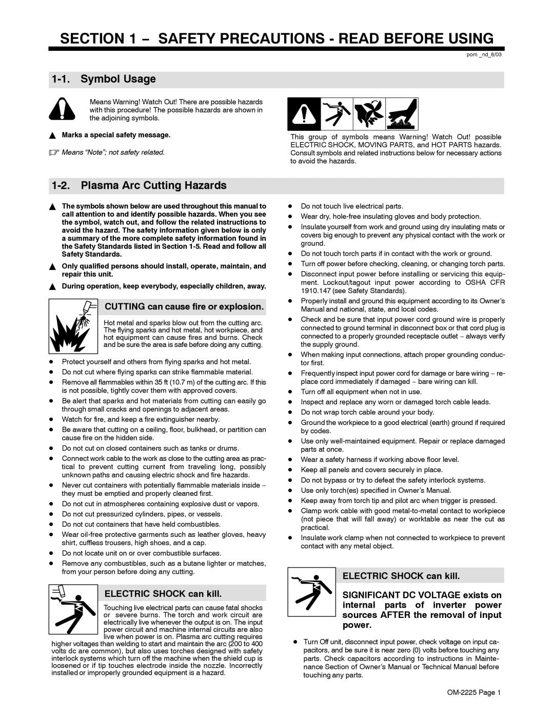 Miller Electric ICE-80CX, 3080 manual Symbol Usage, Plasma Arc Cutting Hazards, Cutting can cause fire or explosion 