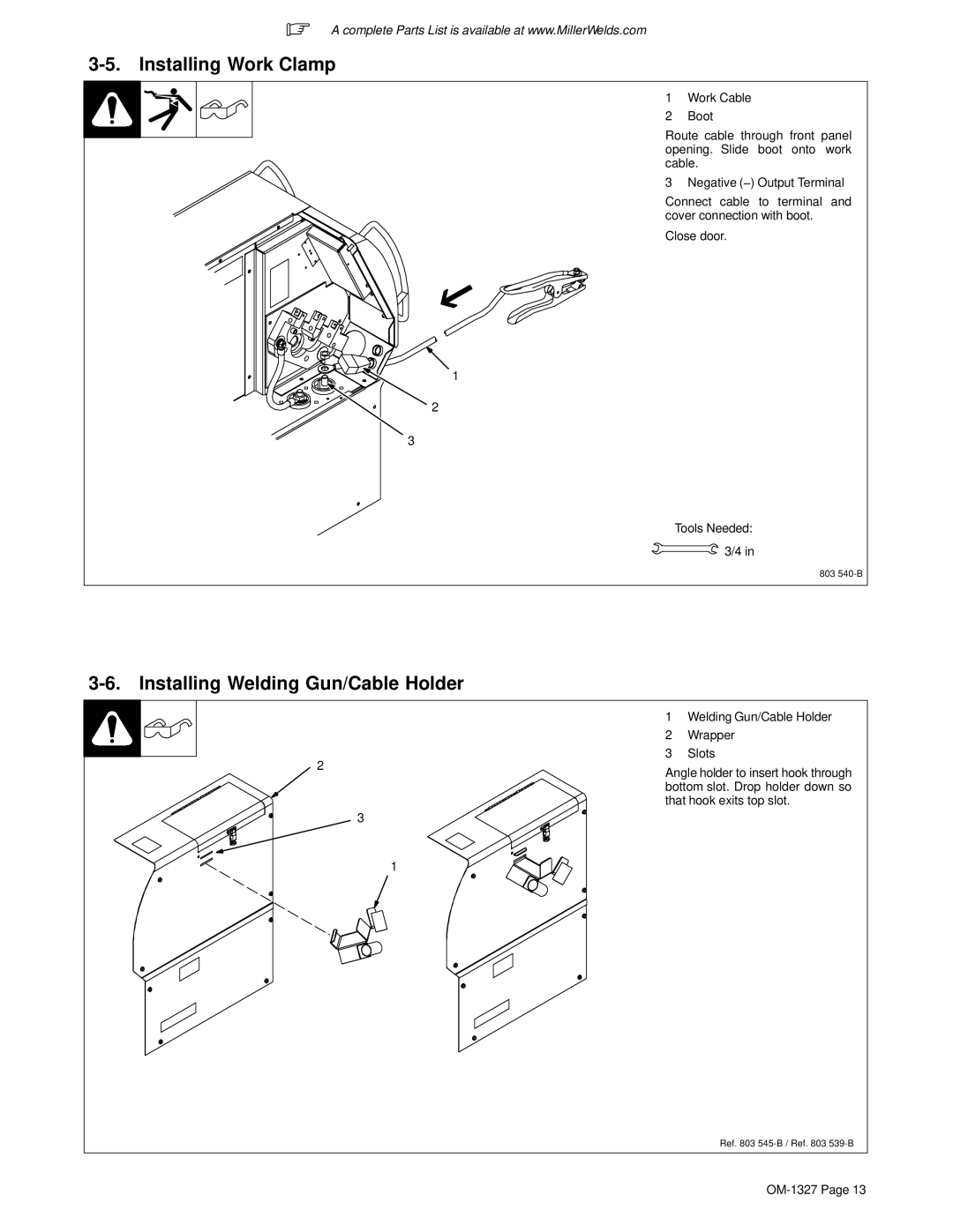 Miller Electric Millermatic 350, 350, 350P manual Installing Work Clamp, Installing Welding Gun/Cable Holder 