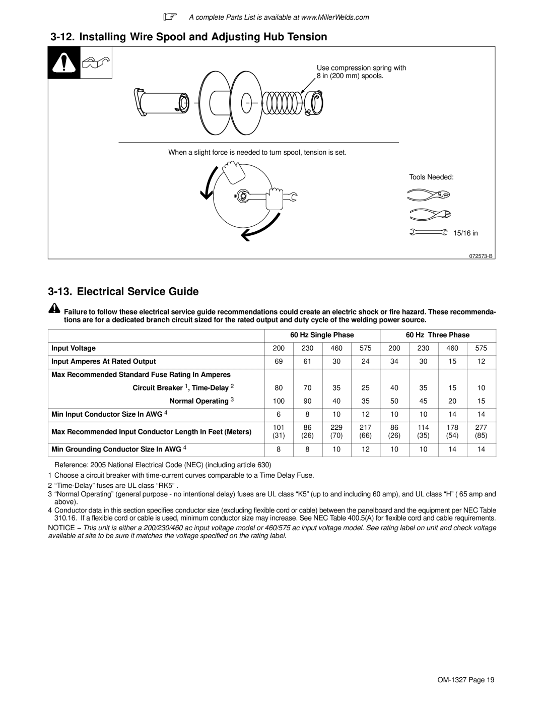 Miller Electric Millermatic 350 Installing Wire Spool and Adjusting Hub Tension, Electrical Service Guide, Input Voltage 