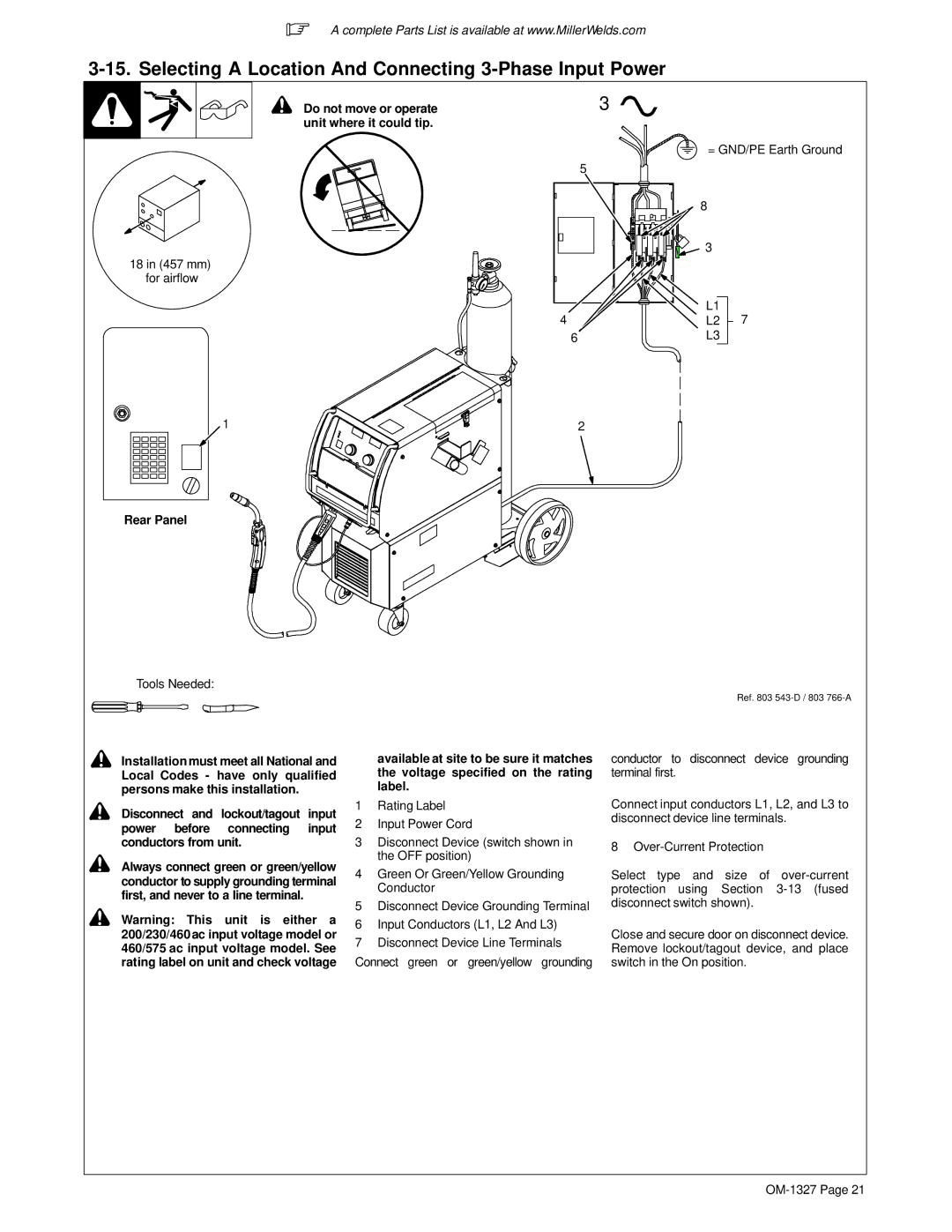 Miller Electric Millermatic 350 manual Selecting a Location And Connecting 3-Phase Input Power, 18 in 457 mm for airflow 