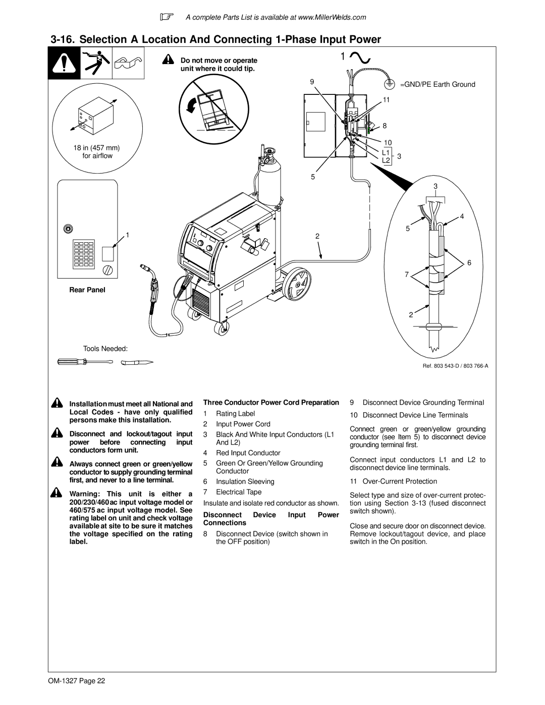 Miller Electric 350, 350P manual Selection a Location And Connecting 1-Phase Input Power, =GND/PE Earth Ground, L1L2 