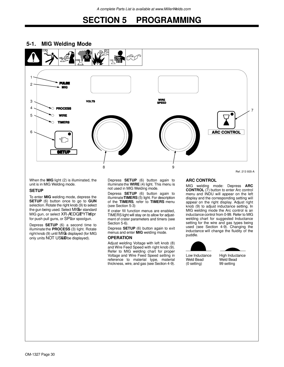 Miller Electric 350, 350P, Millermatic 350 manual MIG Welding Mode, Weld Bead Setting OM-1327 