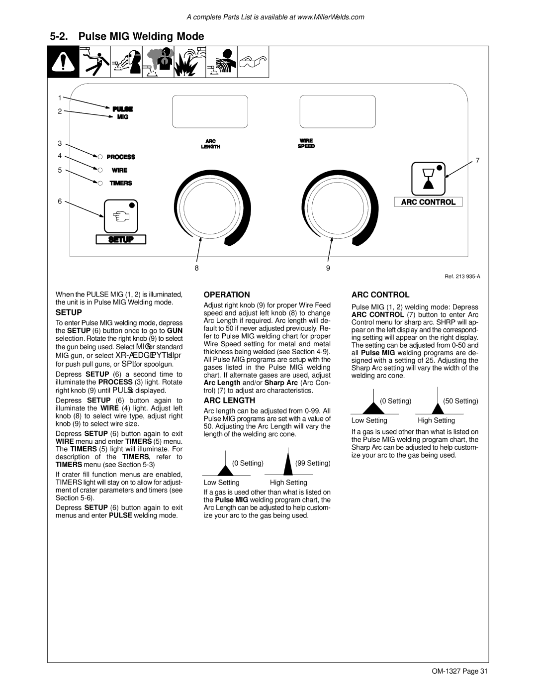Miller Electric Millermatic 350, 350, 350P manual Pulse MIG Welding Mode, Low Setting High Setting 