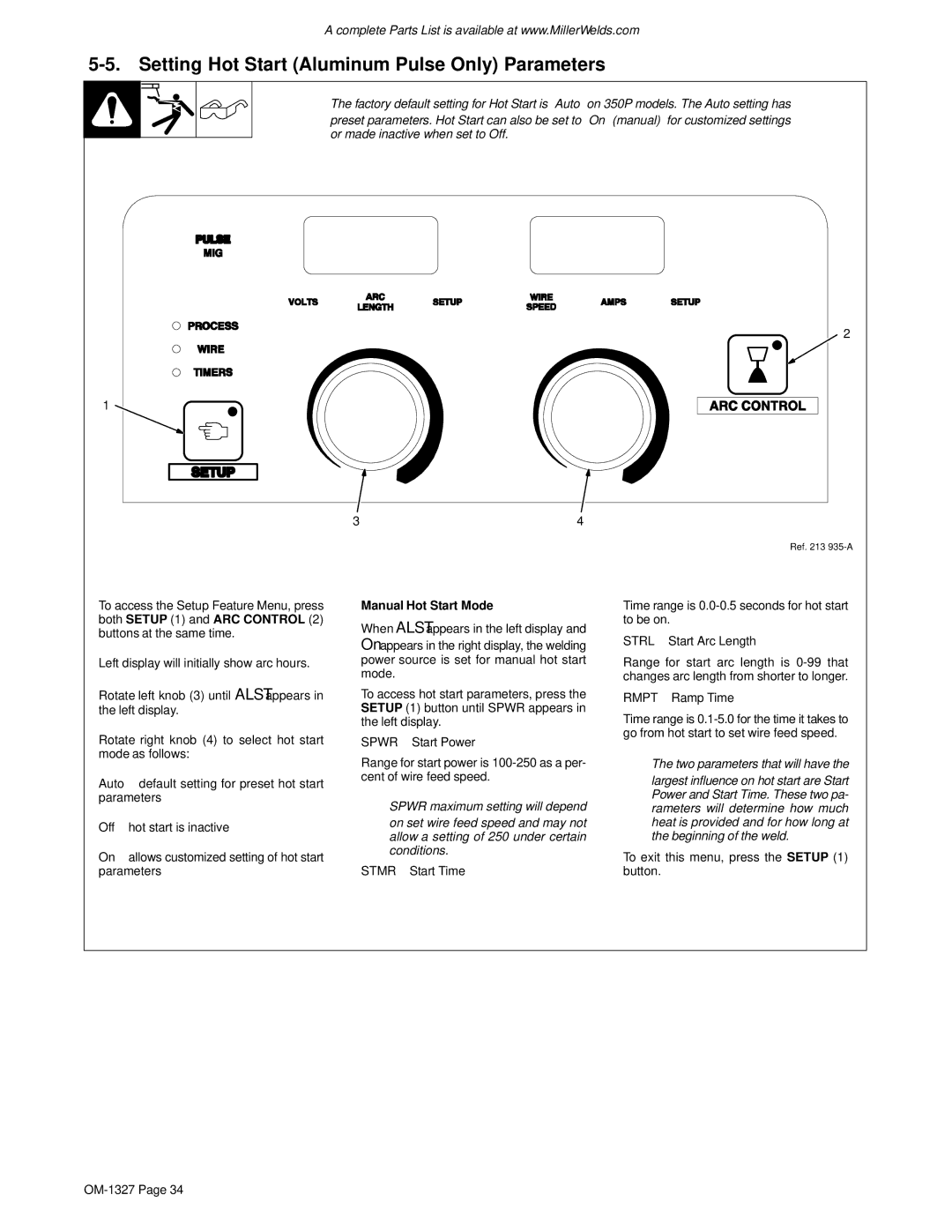 Miller Electric 350, 350P manual Setting Hot Start Aluminum Pulse Only Parameters, Manual Hot Start Mode, Rmpt − Ramp Time 