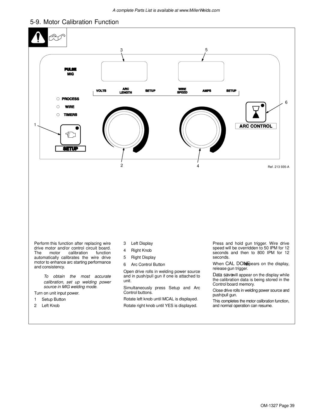 Miller Electric Millermatic 350, 350, 350P manual Motor Calibration Function 