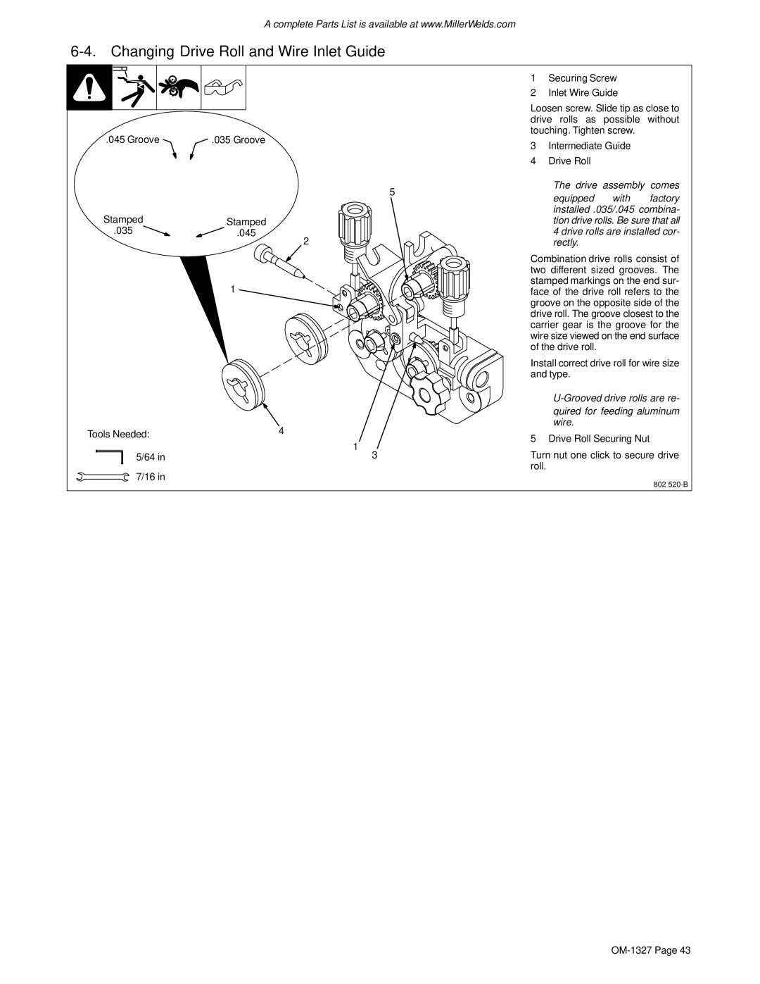 Miller Electric Millermatic 350, 350, 350P manual Changing Drive Roll and Wire Inlet Guide 