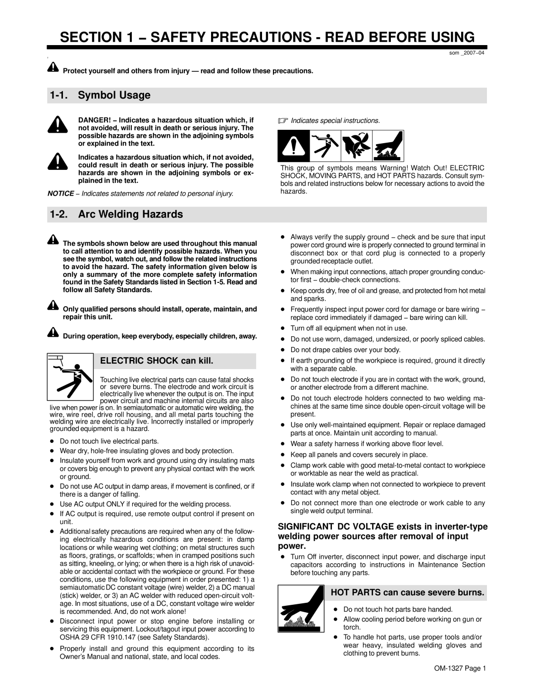 Miller Electric Millermatic 350 Symbol Usage, Arc Welding Hazards, Electric Shock can kill, Indicates special instructions 