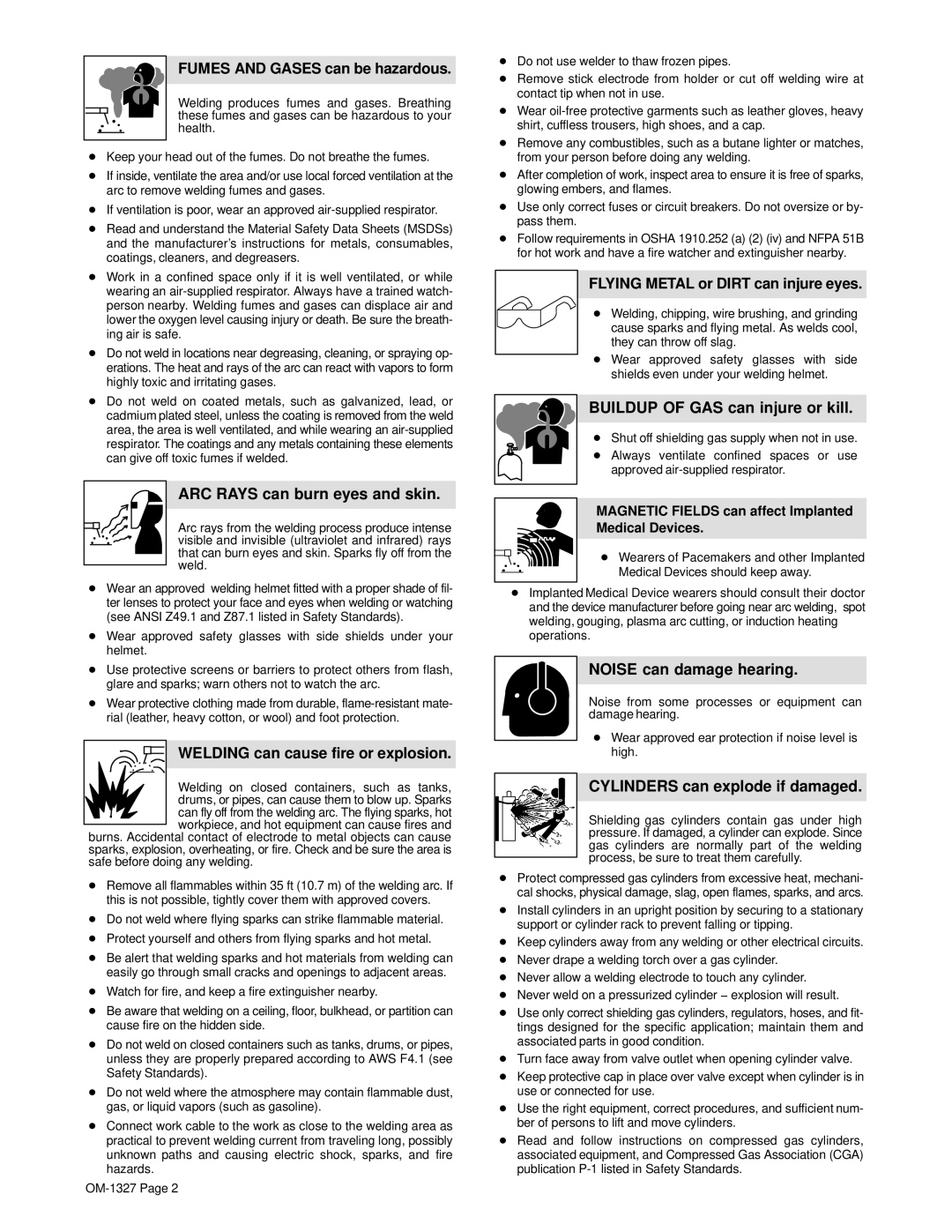 Miller Electric 350, 350P Fumes and Gases can be hazardous, ARC Rays can burn eyes and skin, Noise can damage hearing 