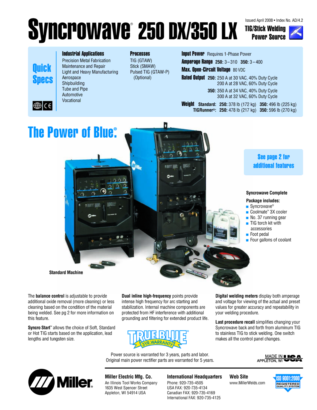 Miller Electric 250 DX manual TIG/Stick Welding Power Source, See page 2 for Additional features, Miller Electric Mfg. Co 