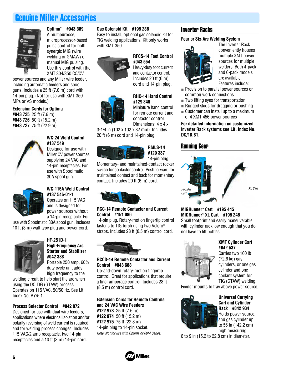 Miller Electric 350 Series manual Genuine Miller Accessories, Inverter Racks, Running Gear 