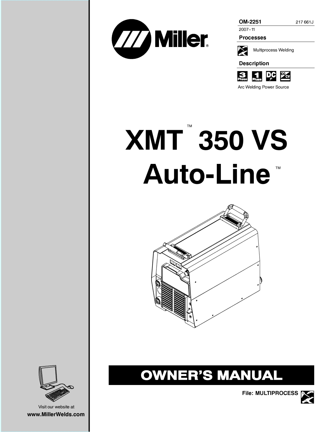 Miller Electric 350 VS manual OM-2251217 661J, Processes, Description, File Multiprocess 