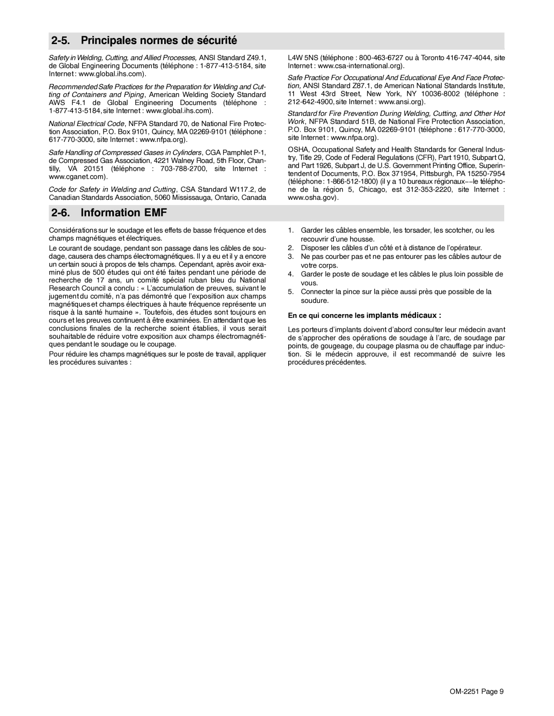 Miller Electric 350 VS manual Principales normes de sécurité, Information EMF, En ce qui concerne les implants médicaux 