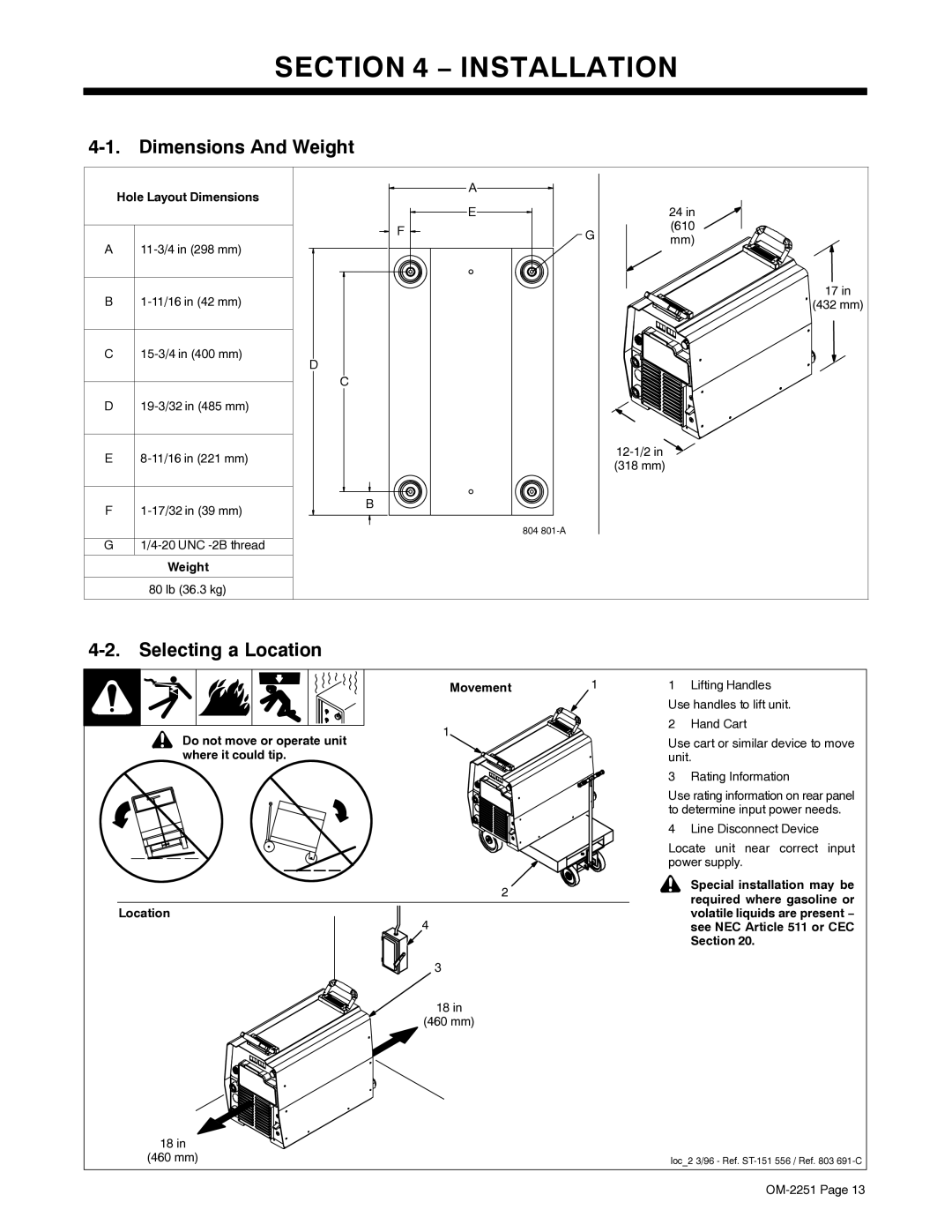 Miller Electric 350 VS manual Installation, Dimensions And Weight, Selecting a Location 