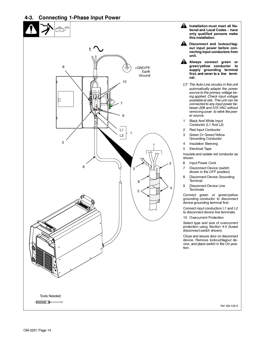 Miller Electric 350 VS manual Connecting 1-Phase Input Power, =GND/PE Earth Ground 