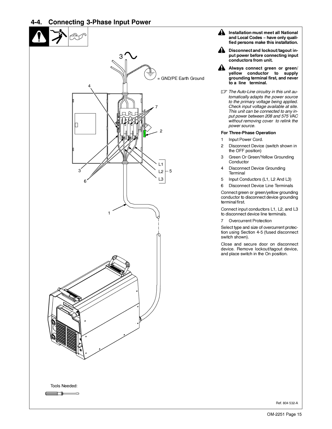 Miller Electric 350 VS manual Connecting 3-Phase Input Power 