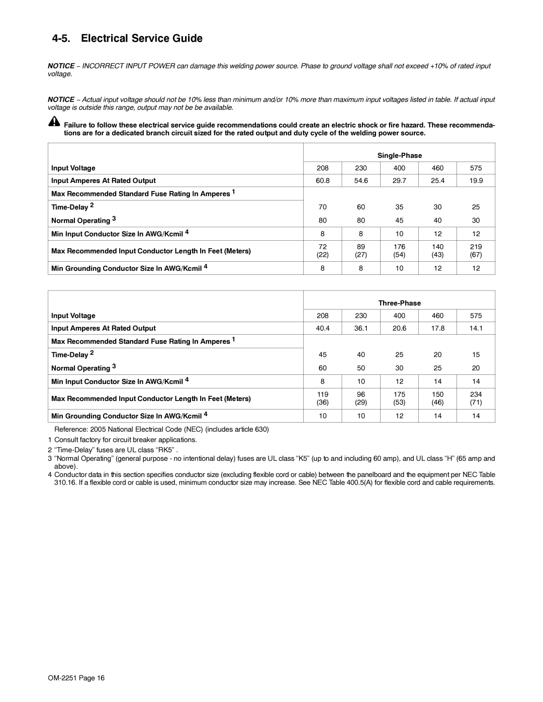 Miller Electric 350 VS manual Electrical Service Guide, Single-Phase Input Voltage, Input Amperes At Rated Output 