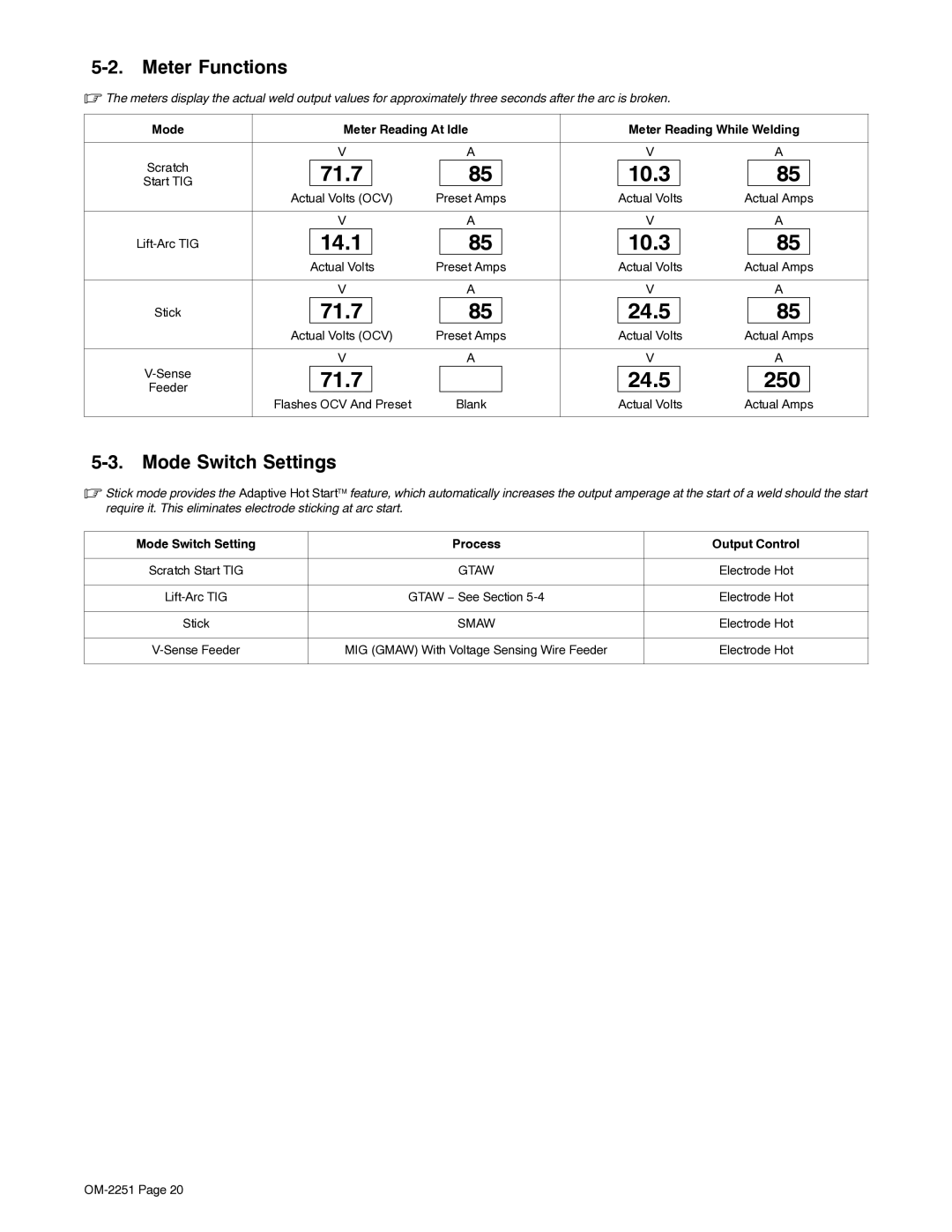 Miller Electric 350 VS manual Meter Functions, Mode Switch Settings, Mode Meter Reading At Idle Meter Reading While Welding 