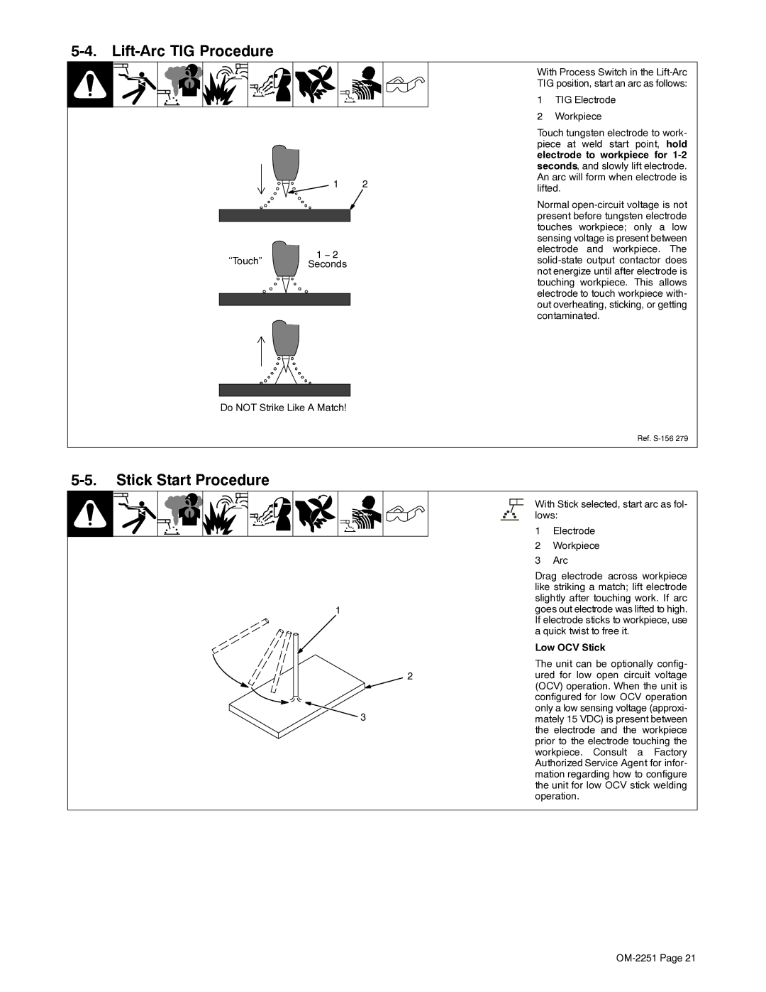 Miller Electric 350 VS manual Lift-Arc TIG Procedure, Stick Start Procedure, Low OCV Stick 