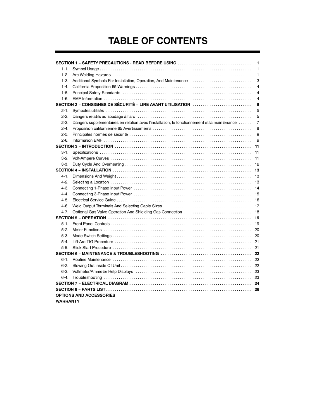 Miller Electric 350 VS manual Table of Contents 