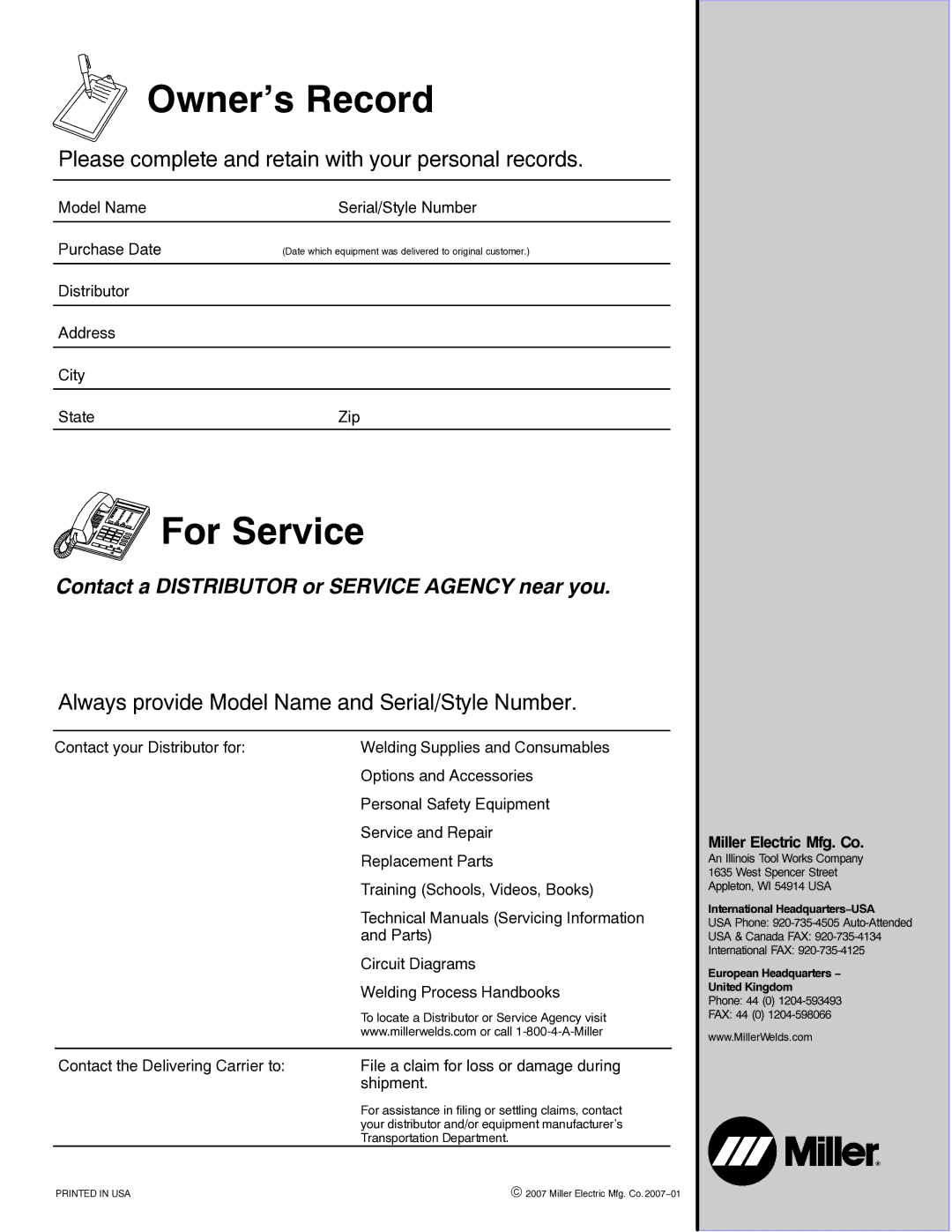 Miller Electric 350 VS Miller Electric Mfg. Co, To locate a Distributor or Service Agency visit, Transportation Department 