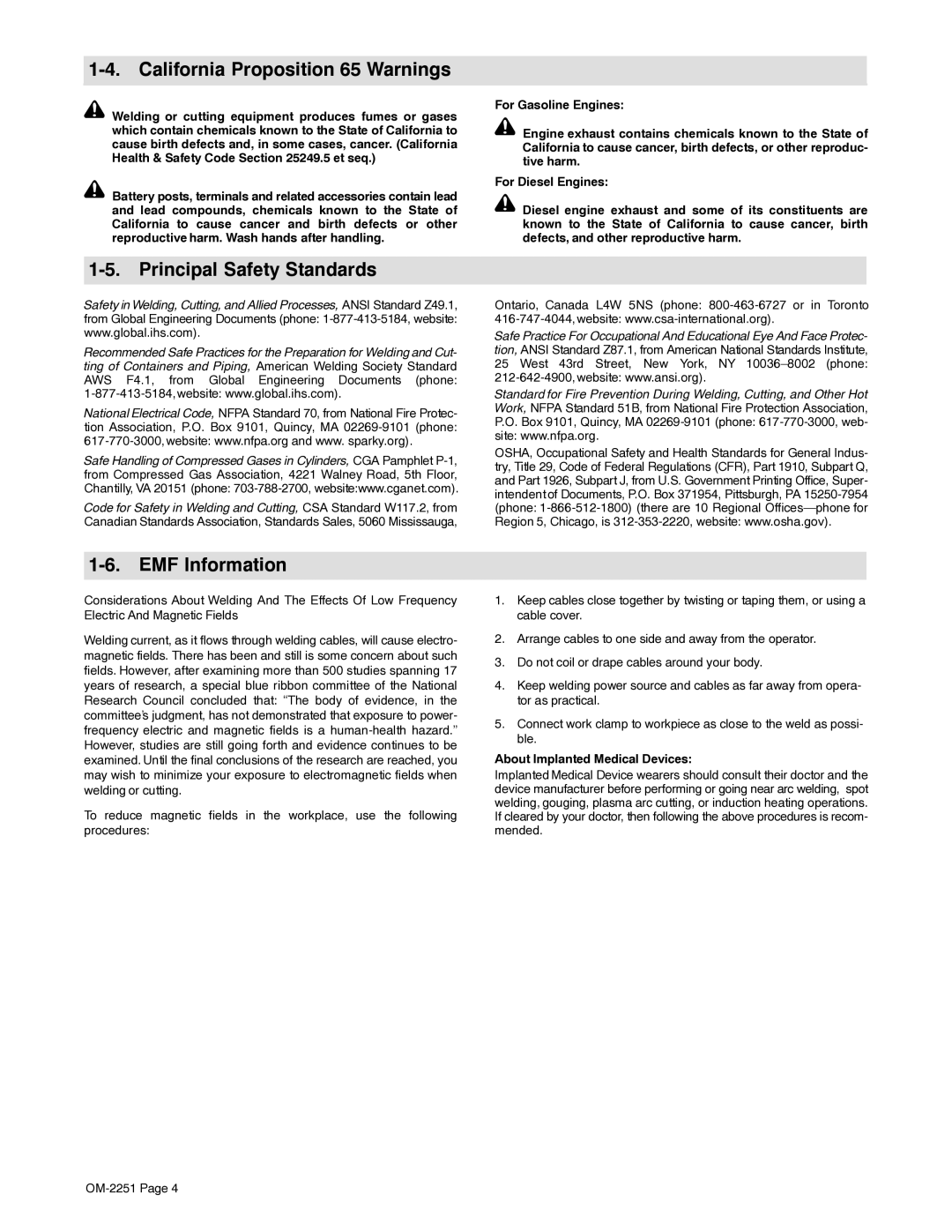 Miller Electric 350 VS manual California Proposition 65 Warnings, Principal Safety Standards, EMF Information 