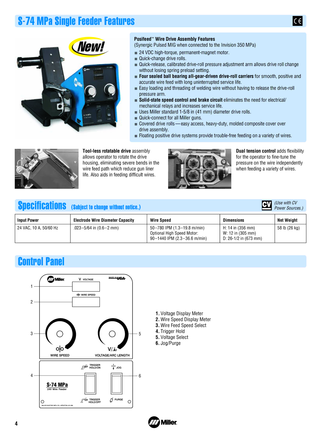 Miller Electric 350MPa manual MPa Single Feeder Features, 74 MPa, Posifeed Wire Drive Assembly Features, Input Power 