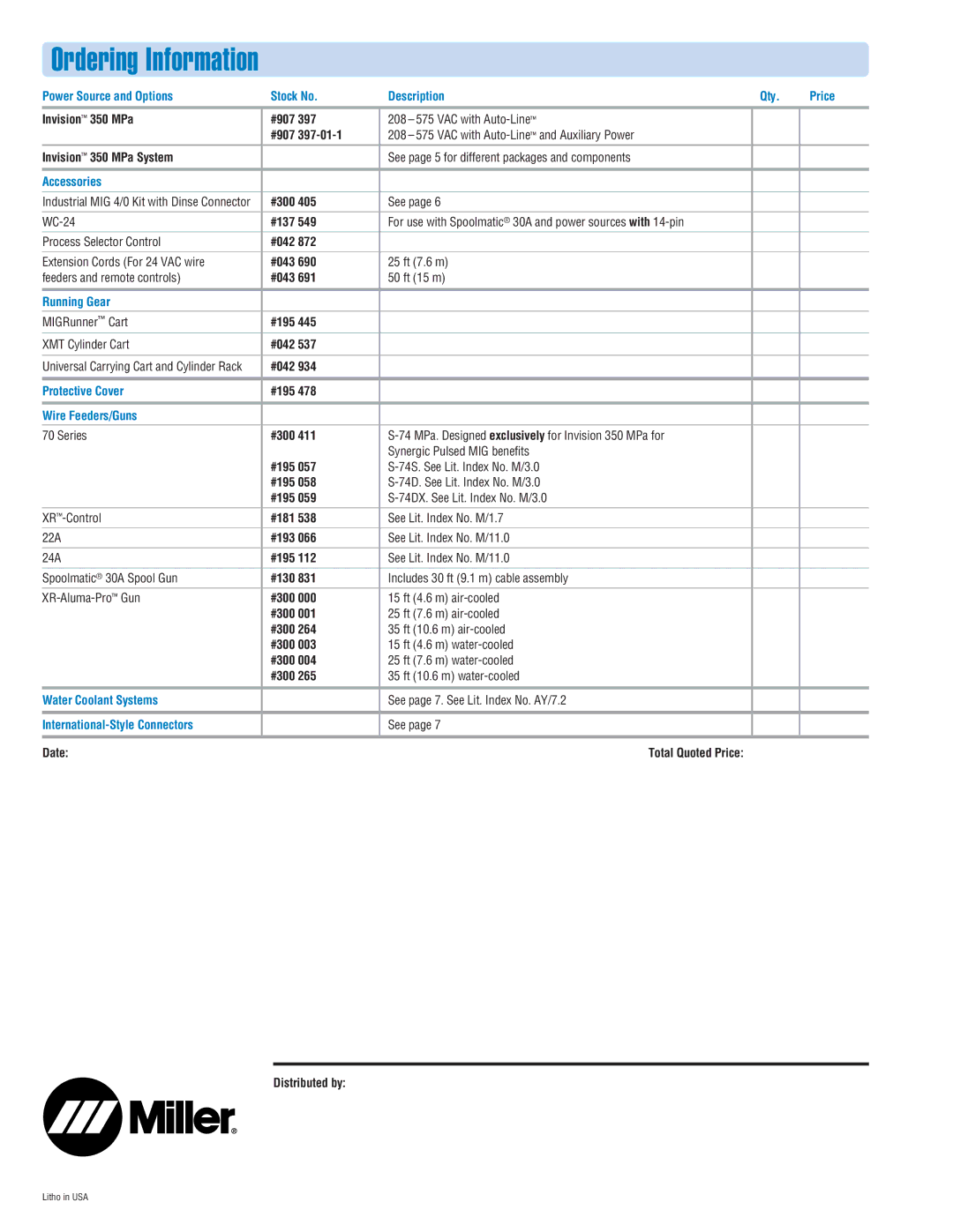 Miller Electric 350MPa manual Ordering Information 