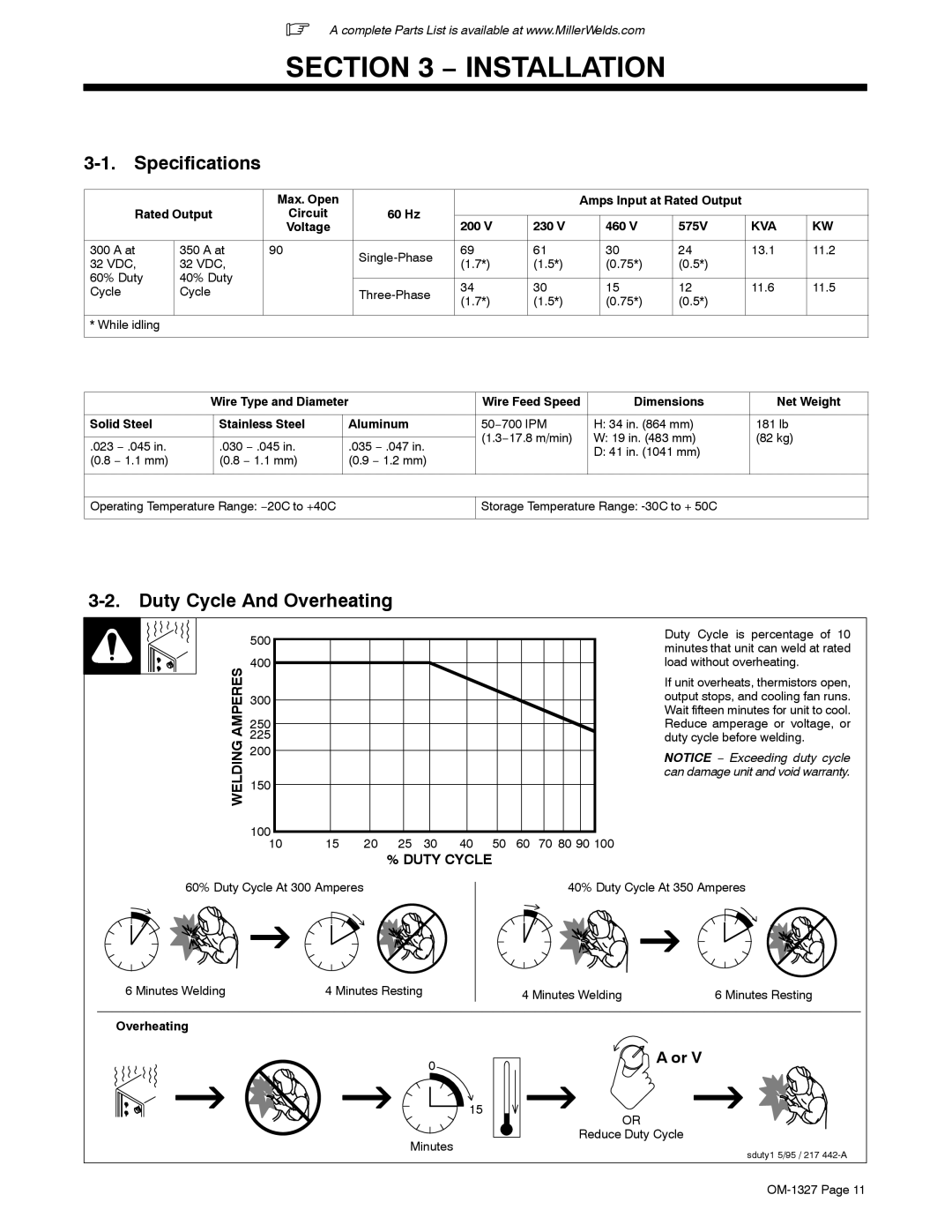 Miller Electric 350P manual Specifications, Duty Cycle And Overheating 