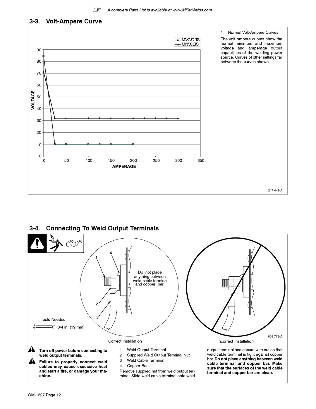 Miller Electric 350P manual Volt-Ampere Curve, Connecting To Weld Output Terminals 