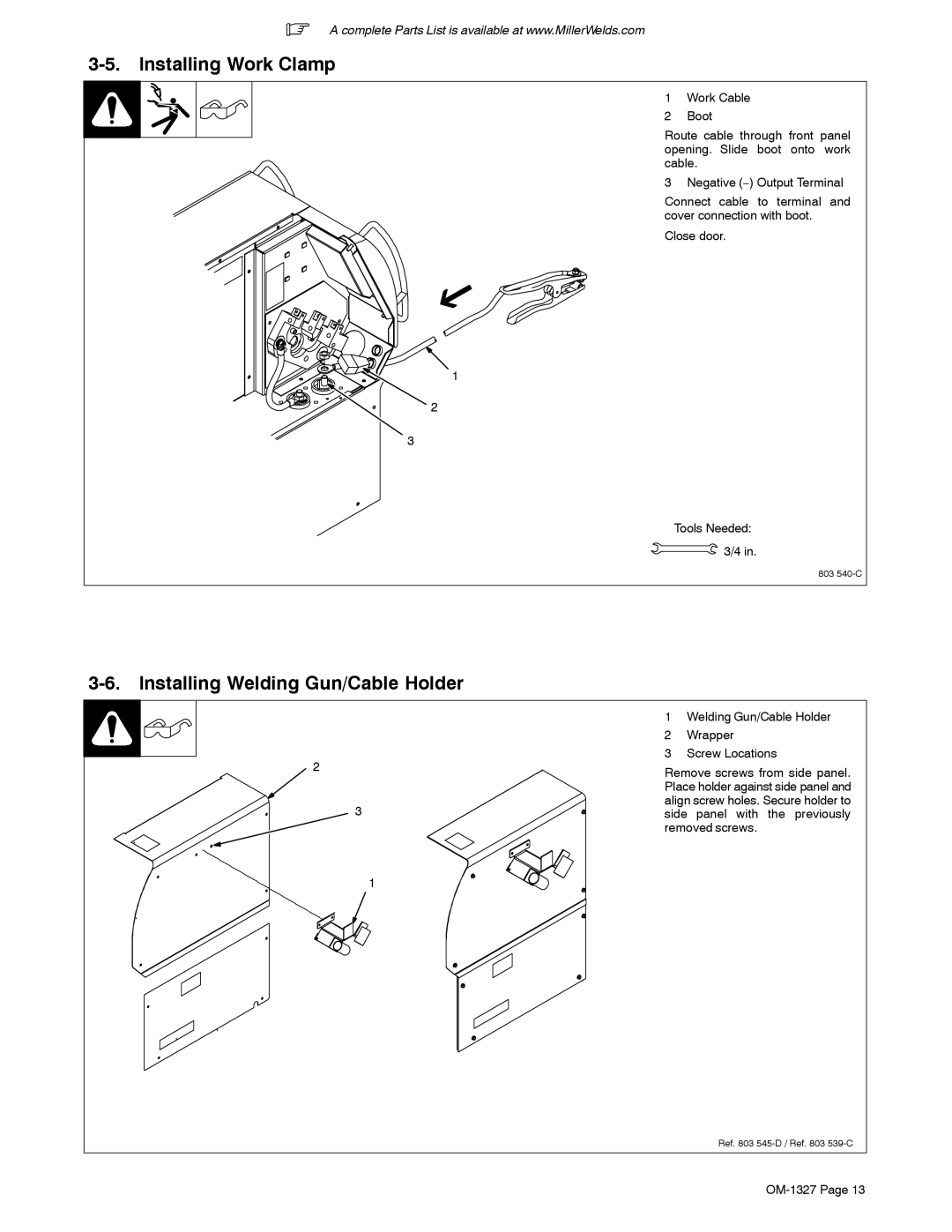 Miller Electric 350P manual Installing Work Clamp, Installing Welding Gun/Cable Holder 