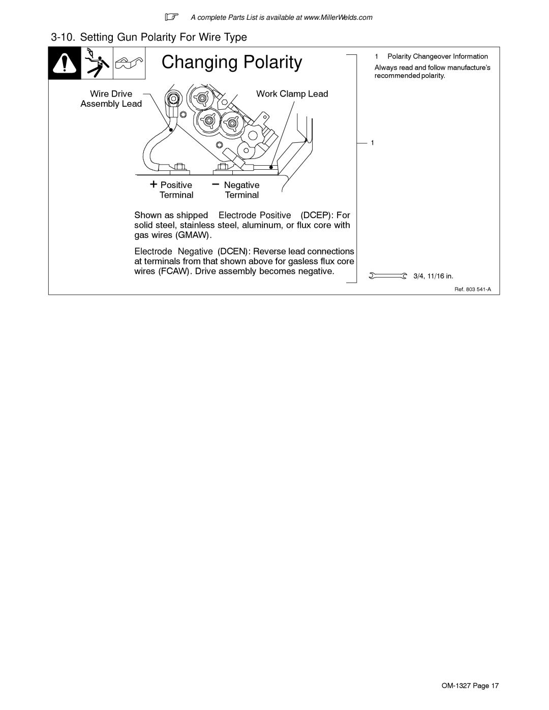 Miller Electric 350P manual Changing Polarity, Setting Gun Polarity For Wire Type 