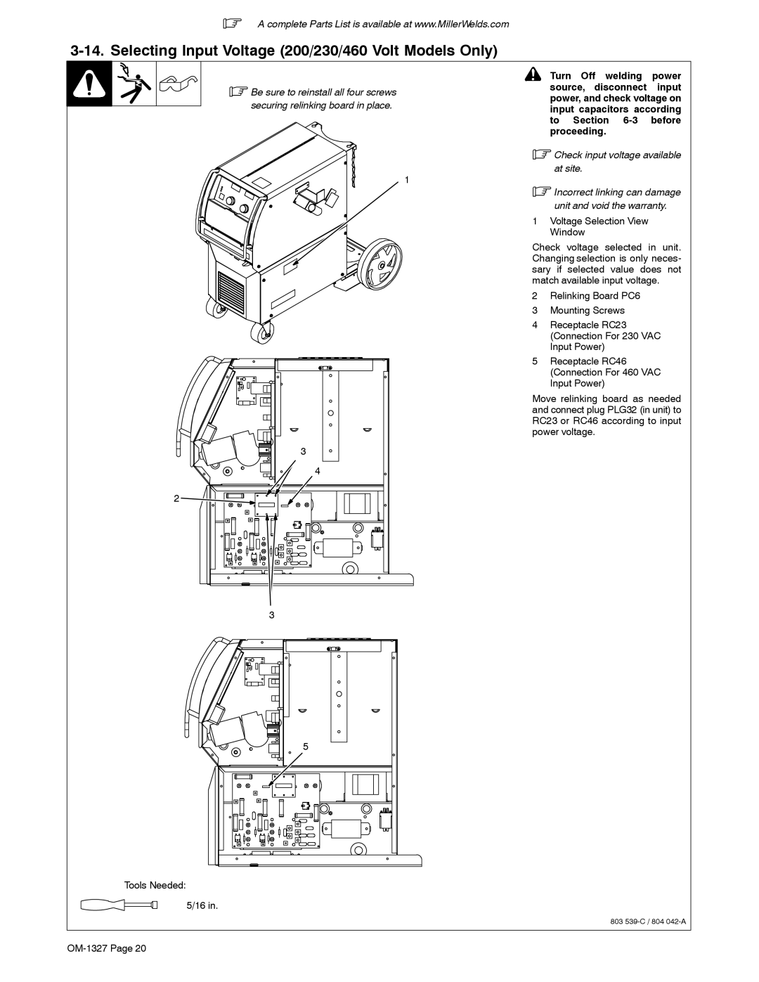 Miller Electric 350P manual Selecting Input Voltage 200/230/460 Volt Models Only 