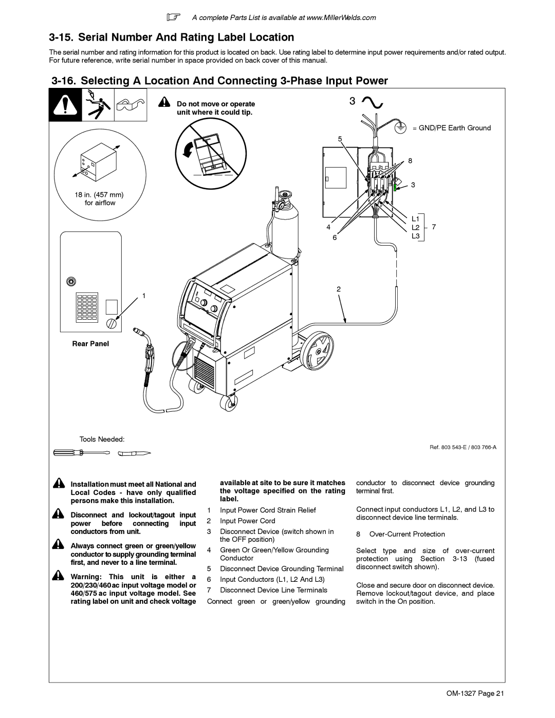 Miller Electric 350P Serial Number And Rating Label Location, Selecting a Location And Connecting 3-Phase Input Power 