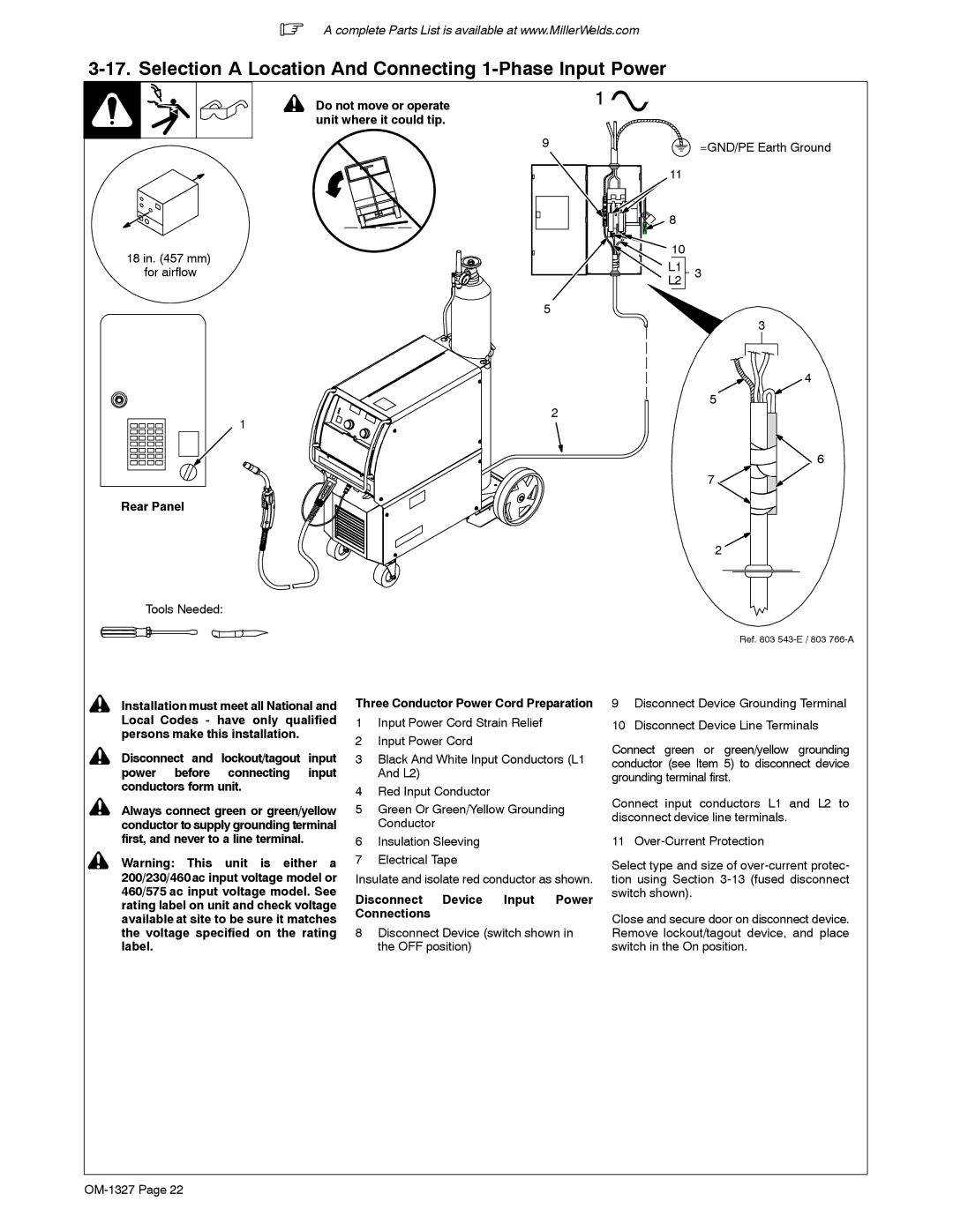 Miller Electric 350P Selection a Location And Connecting 1-Phase Input Power, Disconnect Device Input Power Connections 