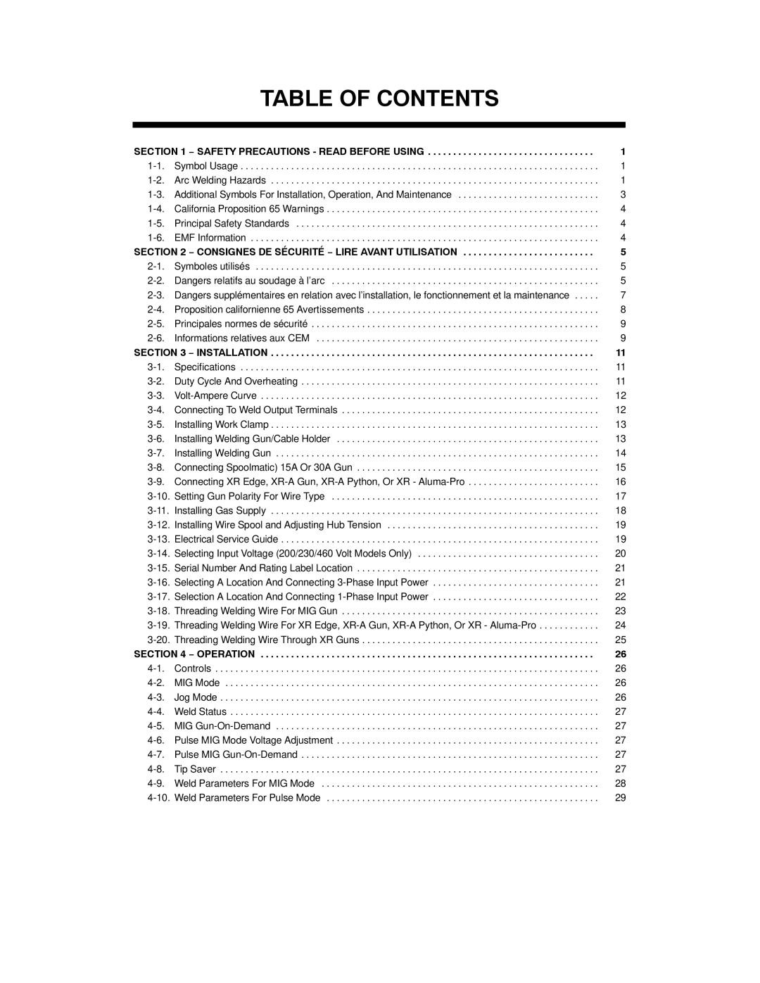 Miller Electric 350P manual Table of Contents 