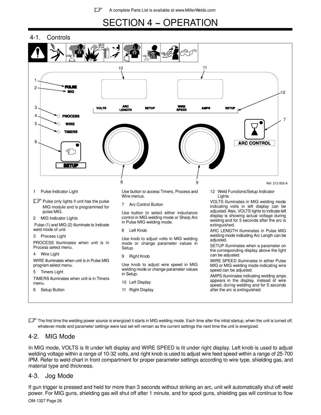 Miller Electric 350P manual Controls, MIG Mode, Jog Mode 