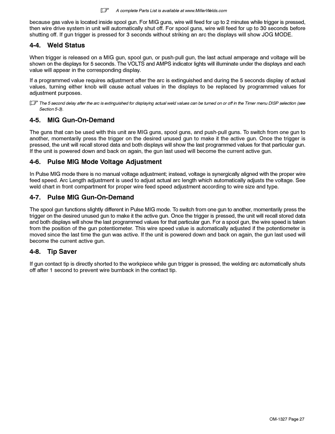 Miller Electric 350P manual Weld Status, Pulse MIG Mode Voltage Adjustment, Pulse MIG Gun-On-Demand, Tip Saver 