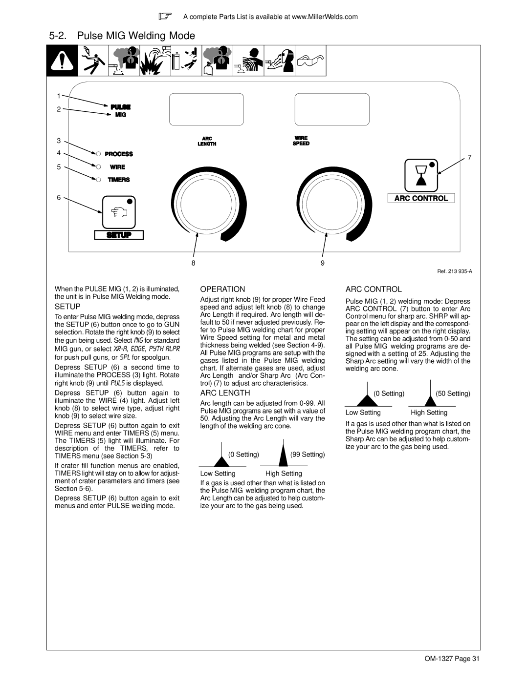 Miller Electric 350P manual Pulse MIG Welding Mode, ARC Length 