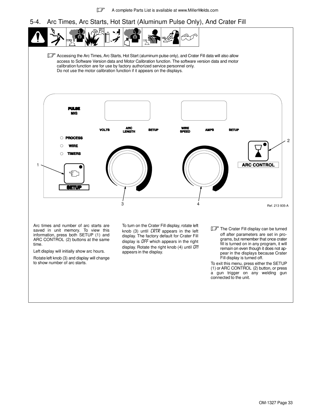 Miller Electric 350P manual Crater Fill display can be turned 