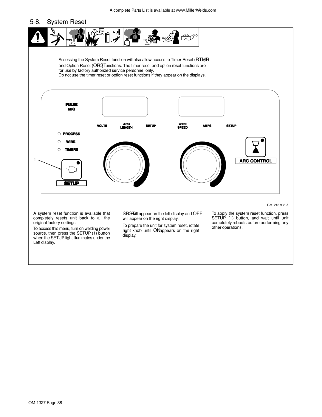 Miller Electric 350P manual System Reset 