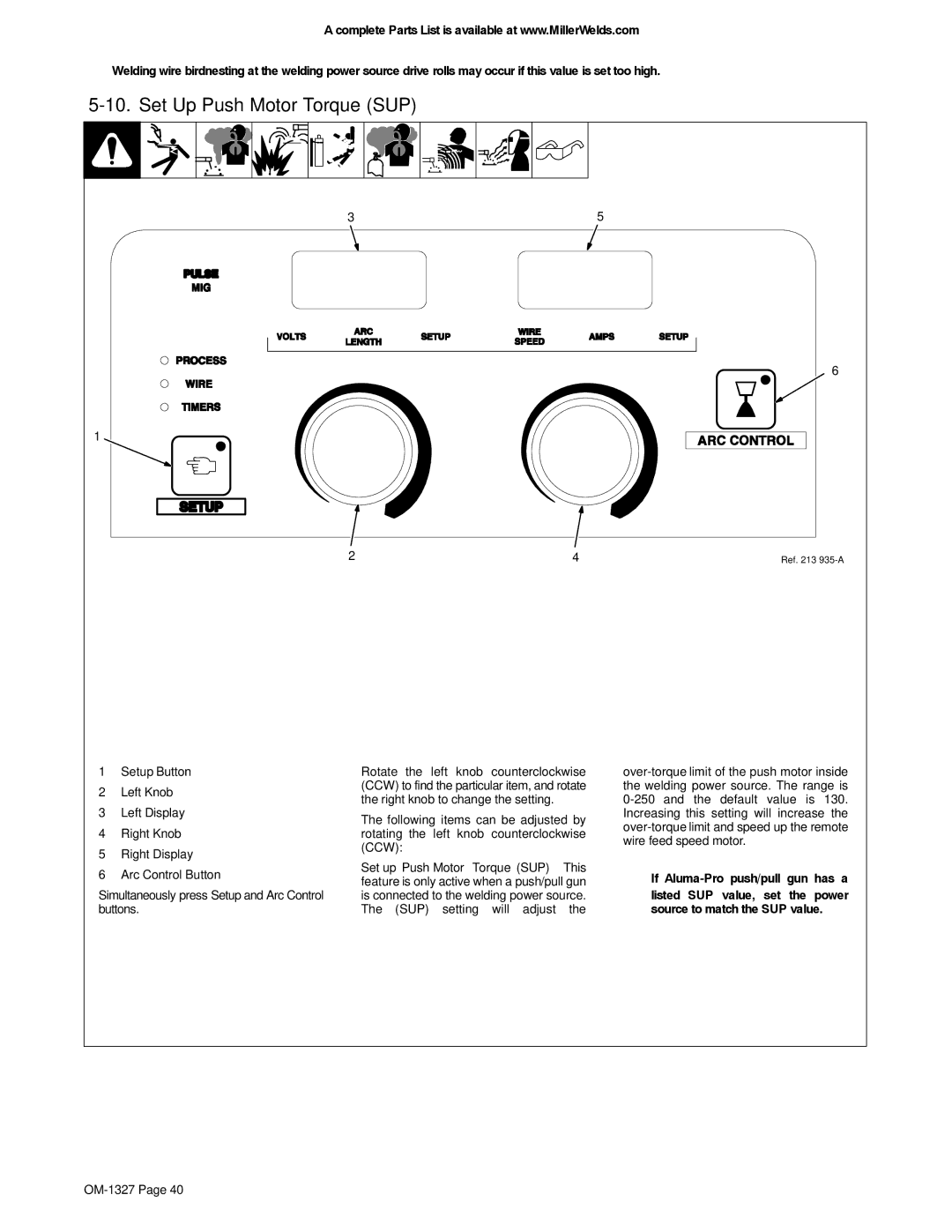 Miller Electric 350P manual Set Up Push Motor Torque SUP 