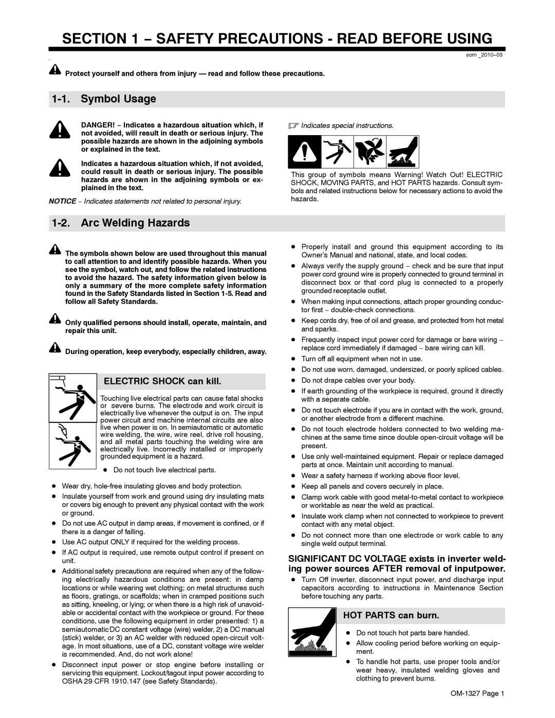 Miller Electric 350P manual Symbol Usage, Arc Welding Hazards, Electric Shock can kill, HOT Parts can burn 