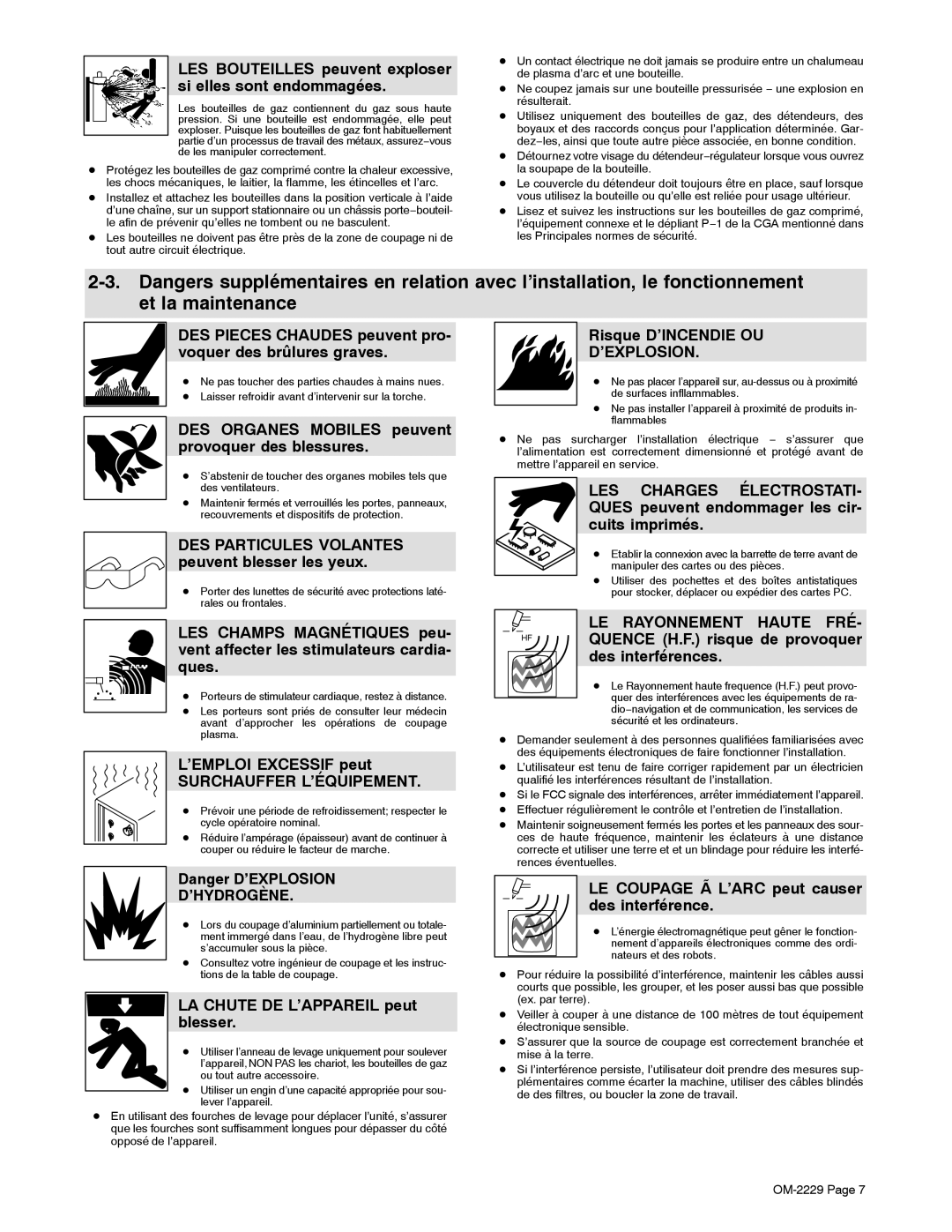 Miller Electric ICE-27C, 375 manual LES Bouteilles peuvent exploser si elles sont endommagées, Risque D’INCENDIE OU 