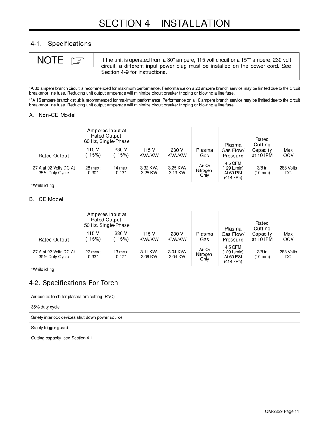 Miller Electric ICE-27C, 375 manual Specifications For Torch, Non-CE Model 